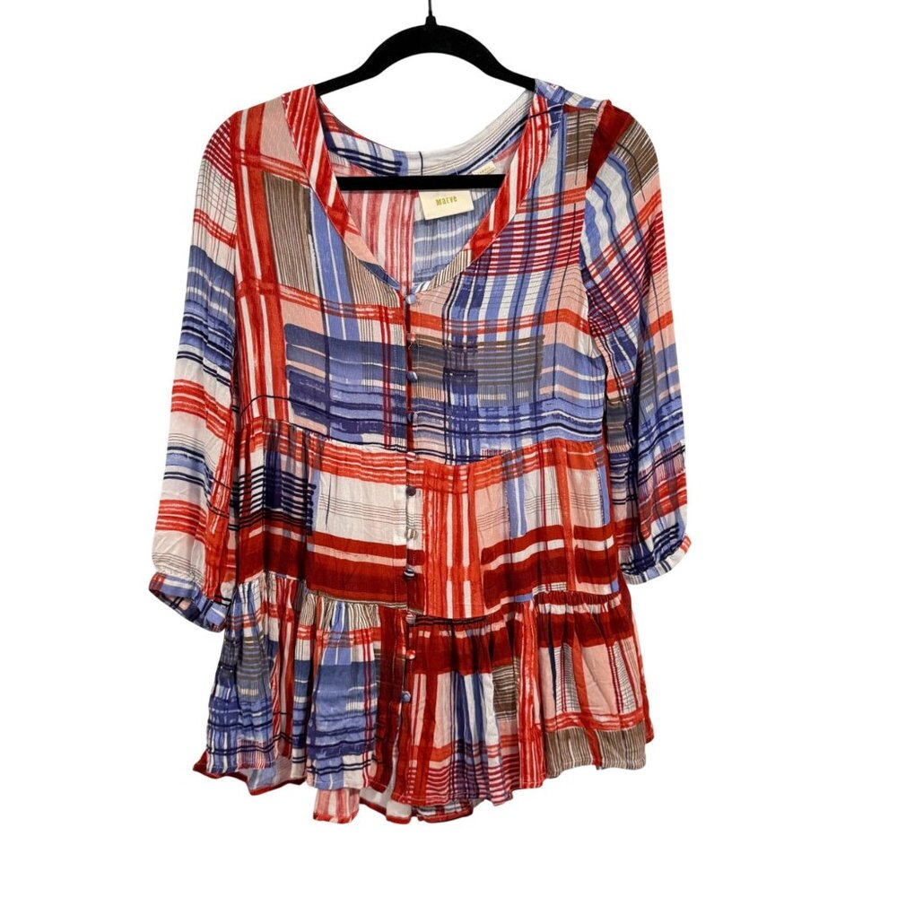Anthropologie Maeve Lila Red White Blue Plaid Peplum Blouse w/Pockets‎ Size XS